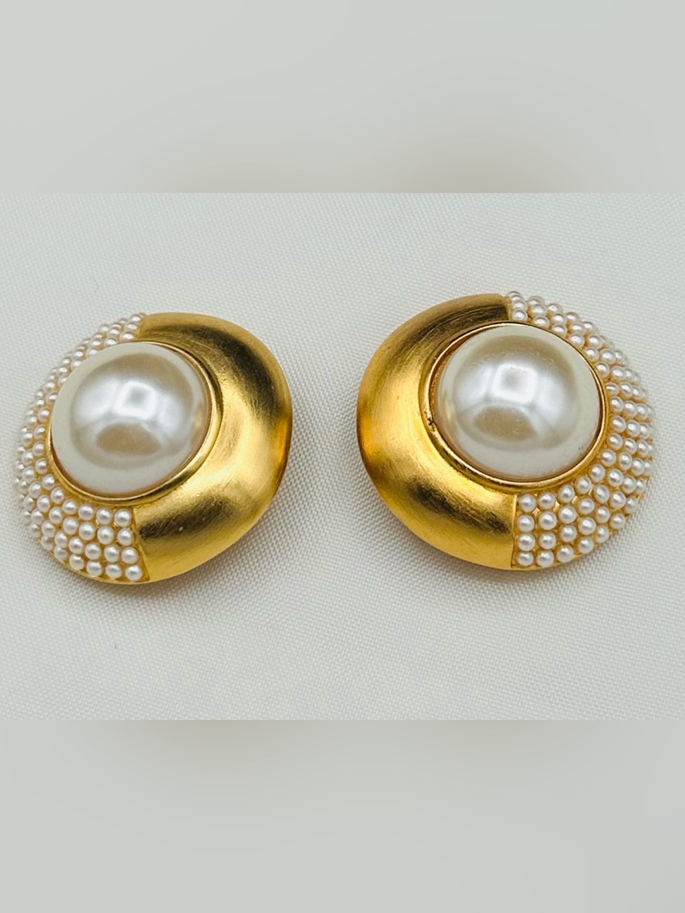 Vintage Matte Gold & Faux Pearl Textured Statement Clip-On Earrings